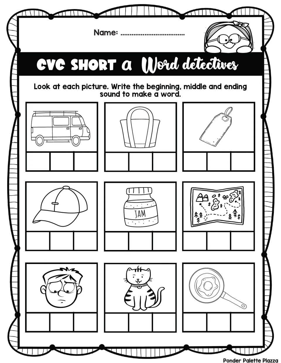 Short a CVC Word Detectives: students write the beginning, middle and end sound for pictures like van, cat, map and jam