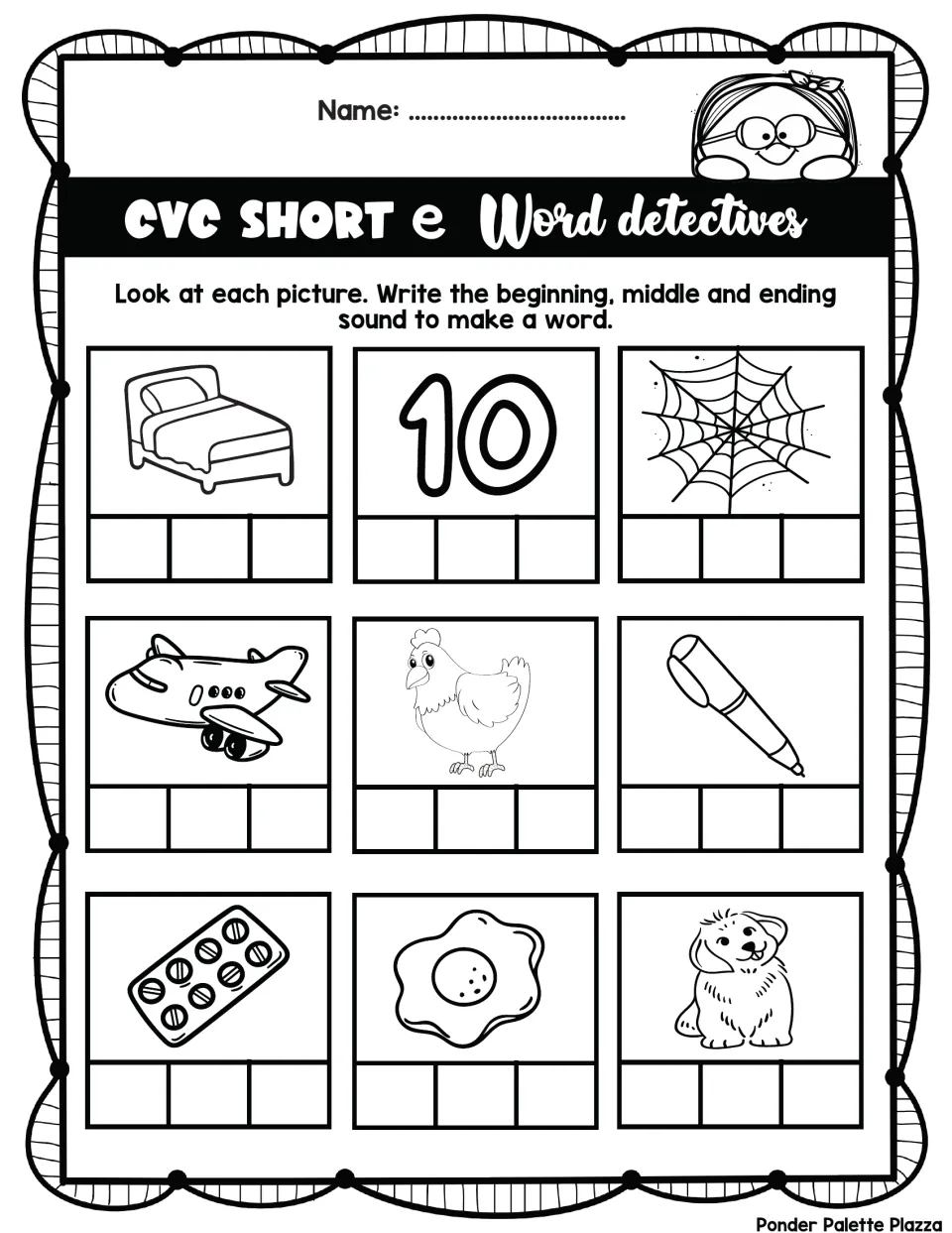 Short e CVC Word Detectives: students sound out and write three letters for pictures such as bed, ten, web, hen and pen