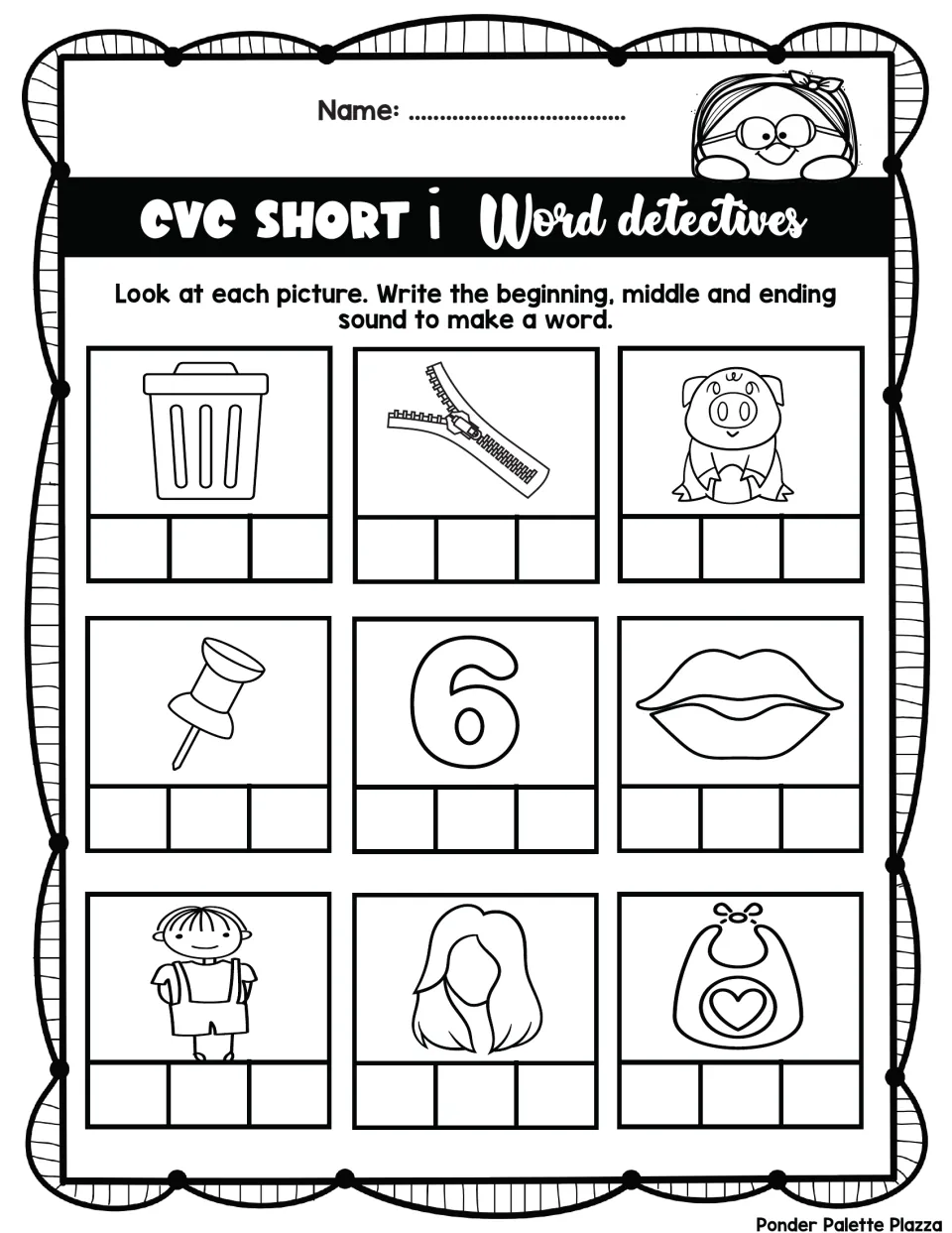 Short i CVC Word Detectives: students spell picture words like bin, zip, pig, pin, six and wig by each sound in order