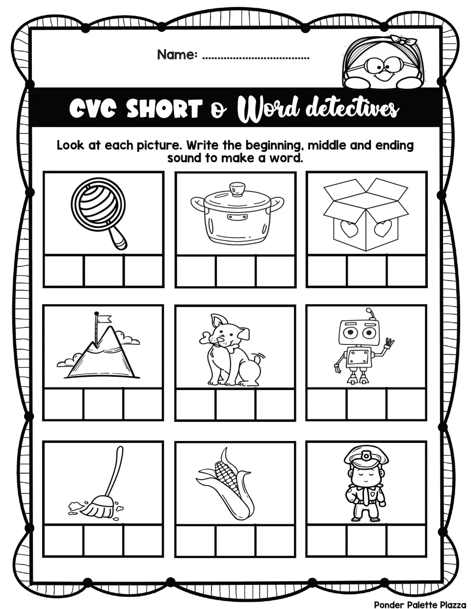 Short o CVC Word Detectives: students write first, middle and last sounds for pictures like pot, box, dog, mop and cob