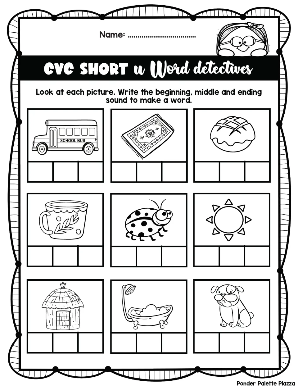 Short u CVC Word Detectives: students segment and spell pictured words such as bus, rug, bun, mug, bug, sun, hut and tub