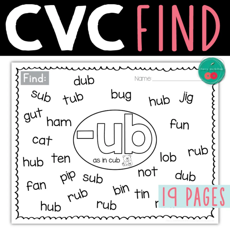 CVC Find cover: sample -ub word family page as in cub, with words like tub, rub and hub mixed with others; 19 pages