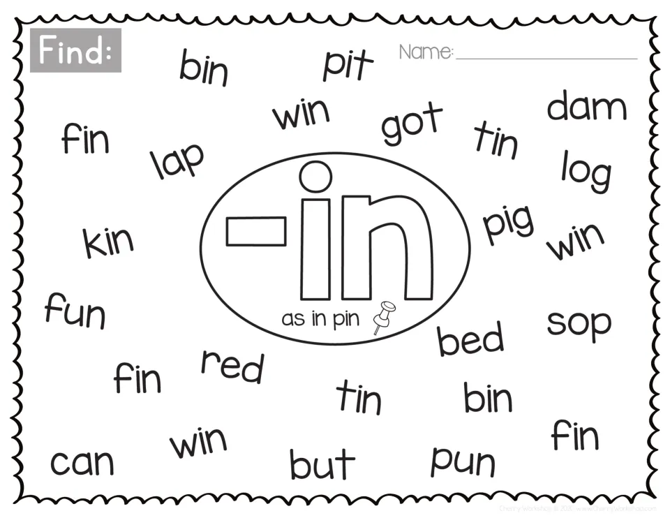 Short i -in word family, as in pin: students find bin, fin, win, tin and kin among mixed CVC words such as pig and red