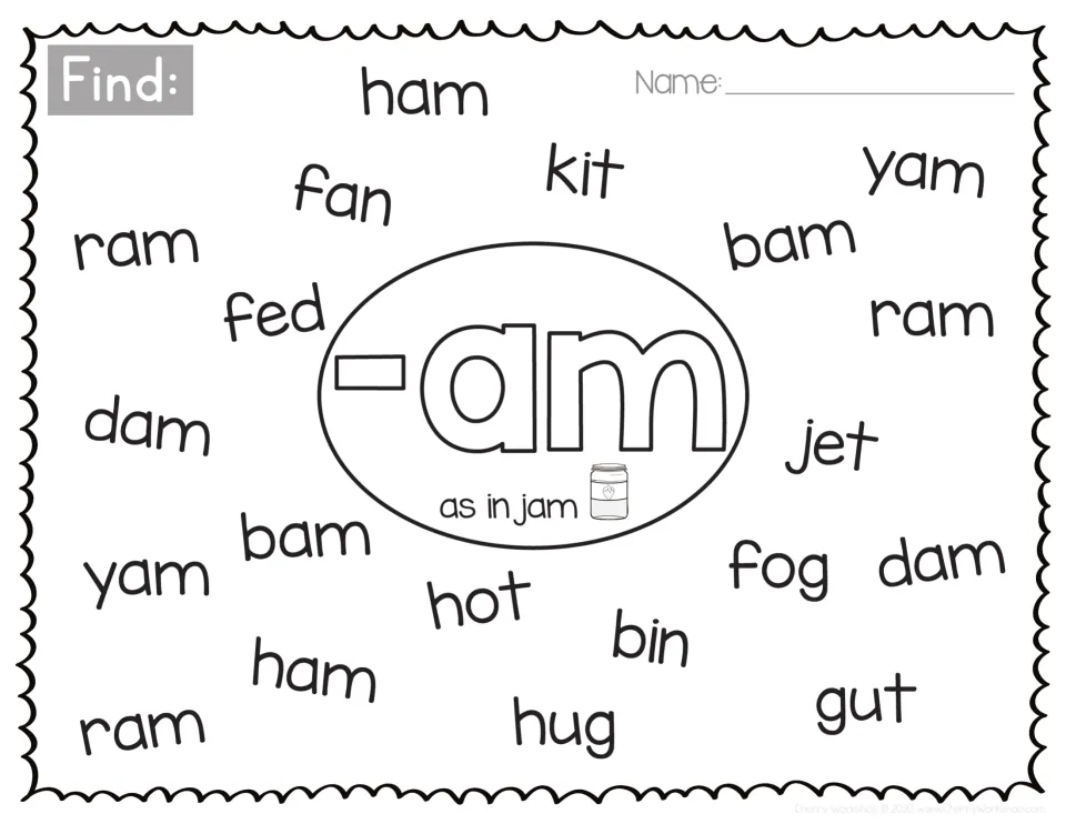 Short a -am word family, as in jam: students find ham, ram, yam, dam and bam among distractor words like fed, hot, jet