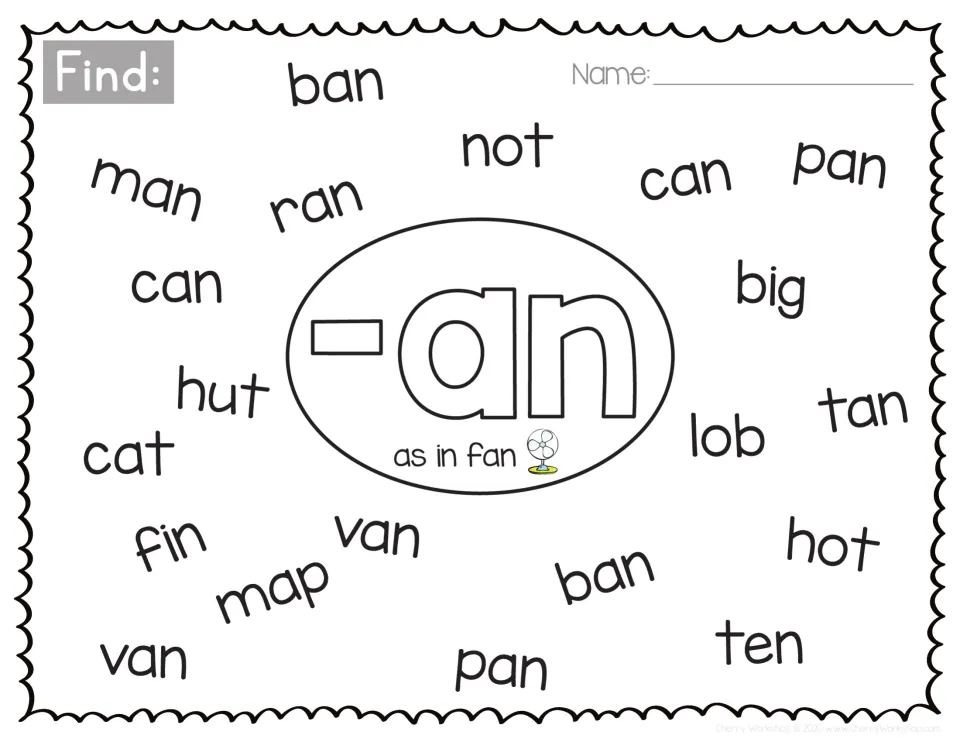 Short a -an word family, as in fan: students find can, man, ran, pan, van, tan and ban among words like cat, map, hut