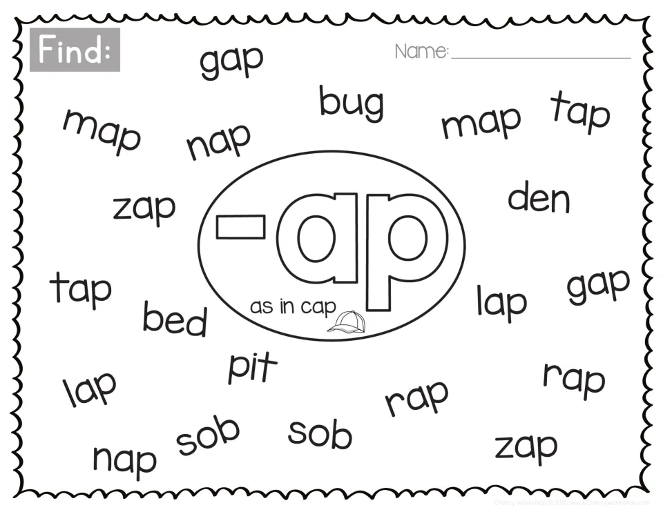 Short a -ap word family, as in cap: students find map, nap, tap, gap, lap, rap and zap among words like bug, sob, den