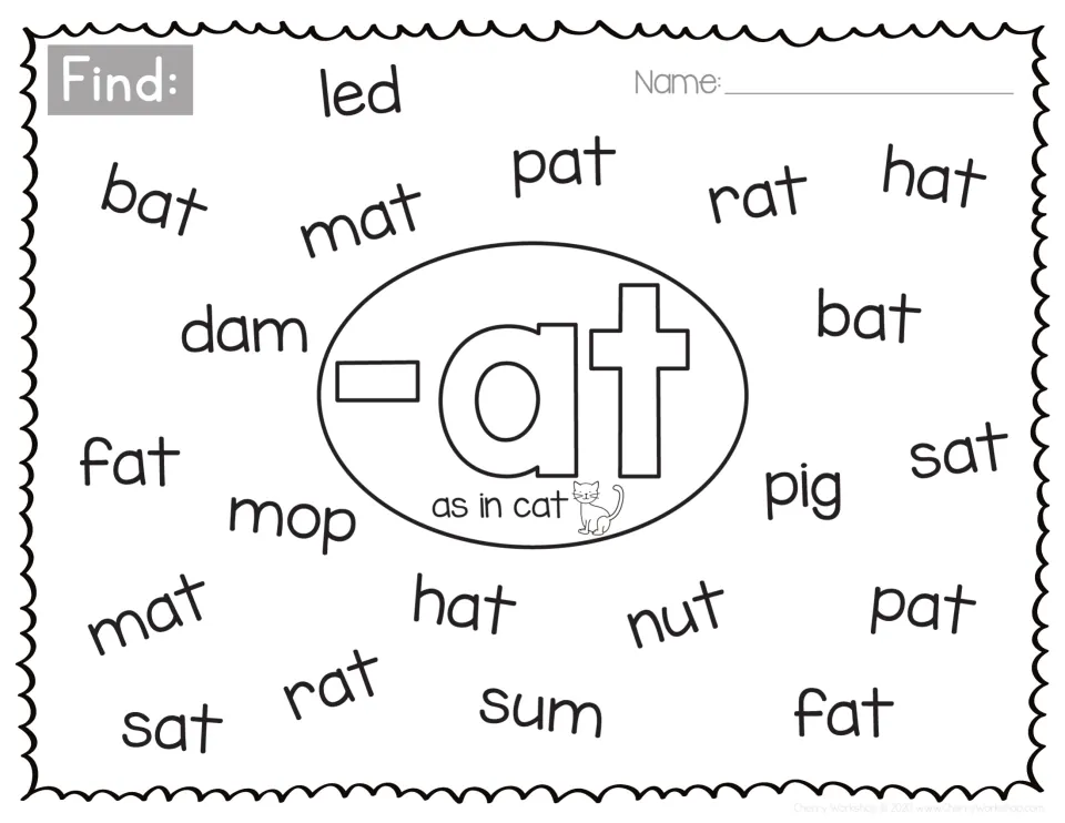 Short a -at word family, as in cat: students find bat, mat, pat, rat, hat, fat and sat among words like led, mop, pig
