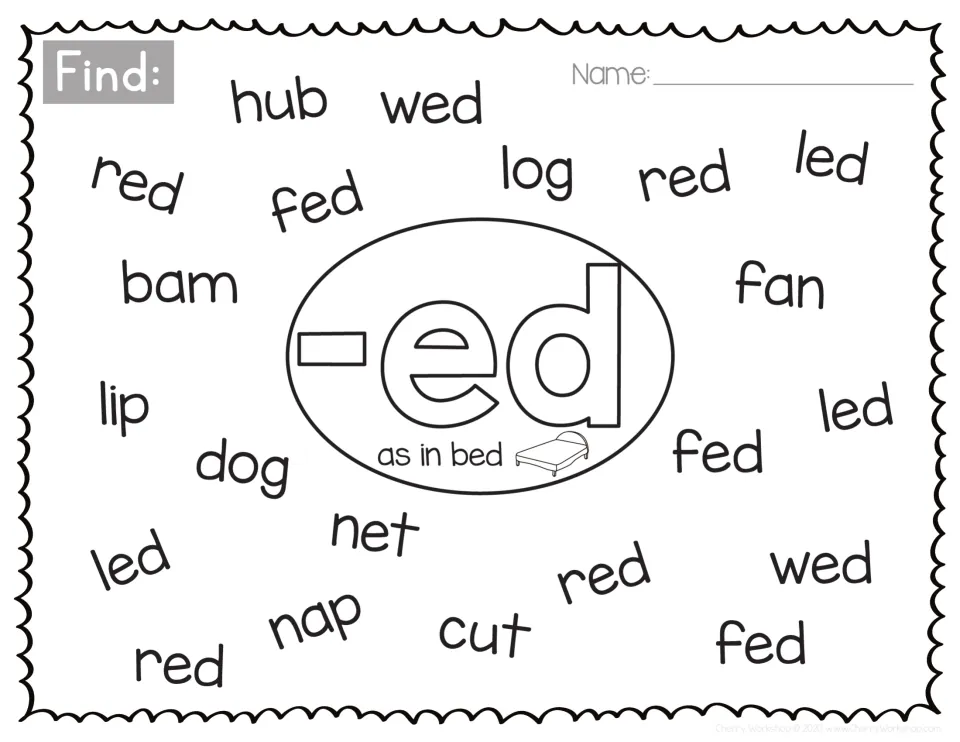 Short e -ed word family, as in bed: students find red, fed, led and wed among mixed CVC words such as hub, log, lip, nap