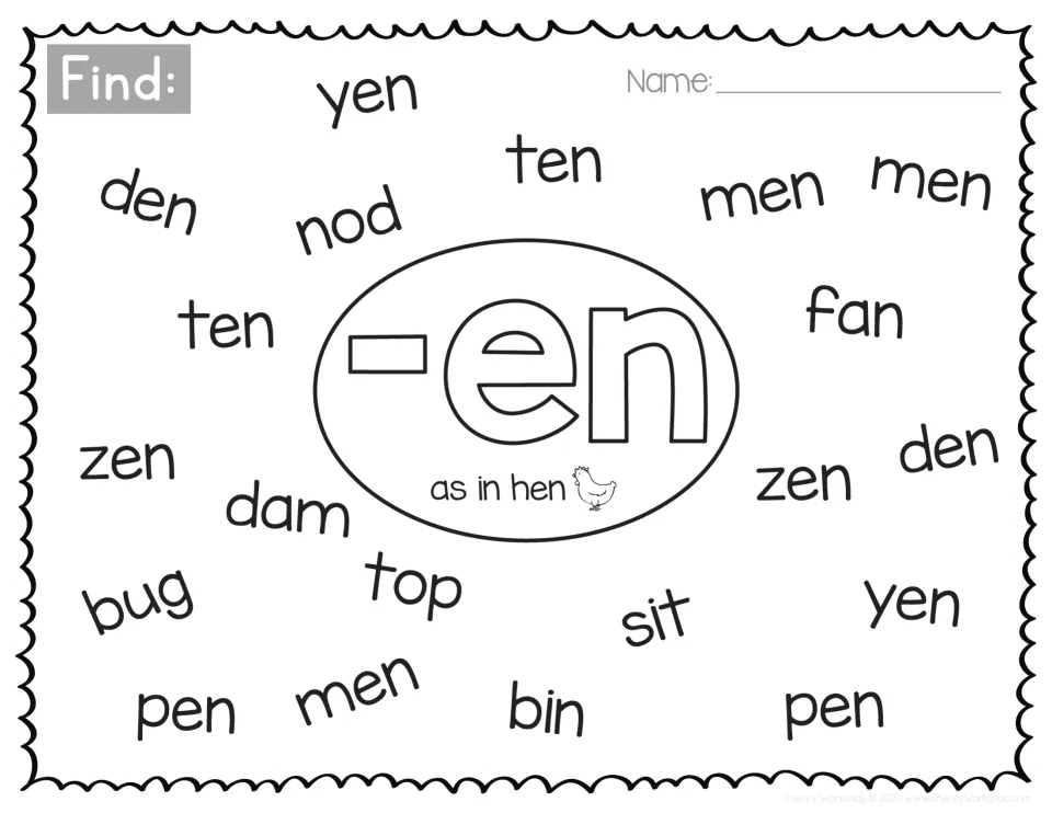 Short e -en word family, as in hen: students find ten, men, den, pen, yen and zen among words like nod, dam, bug, sit