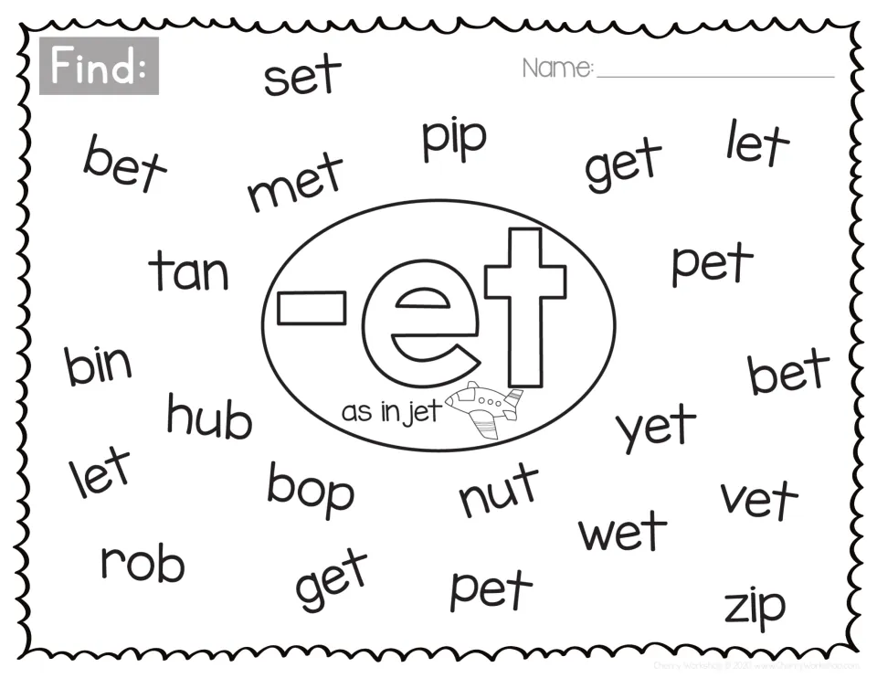 Short e -et word family, as in jet: students find set, bet, met, get, let, pet, yet, vet and wet among words like zip