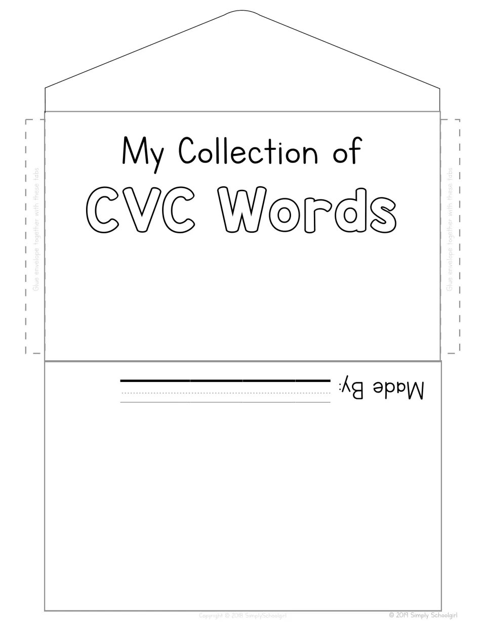 My Collection of CVC Words envelope: students cut out, fold and glue the tabs, then write their name on the Made By line