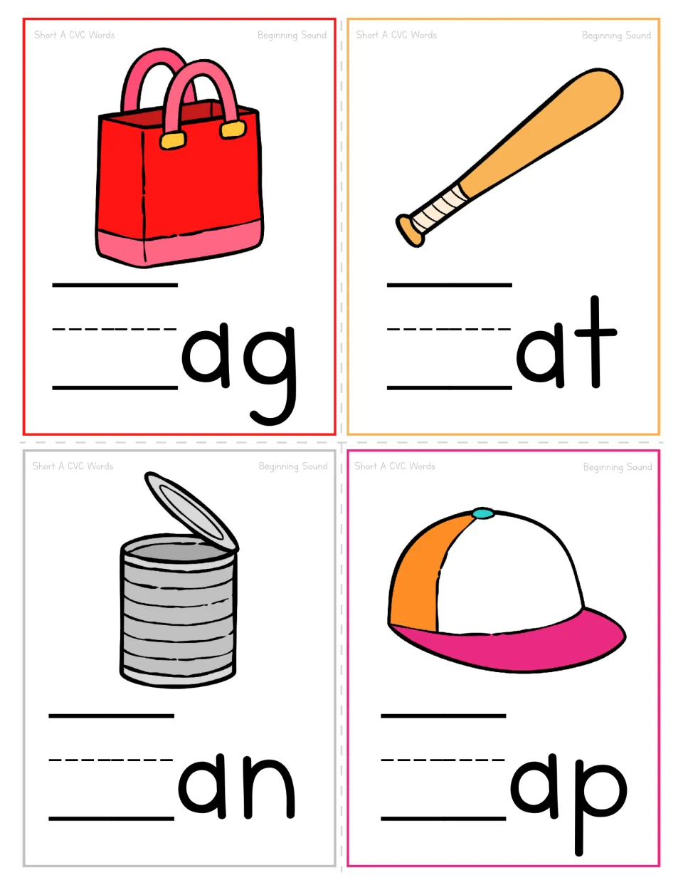 Short A beginning sound cards: students write the first letter of _ag, _at, _an, _ap to name a bag, bat, can and cap