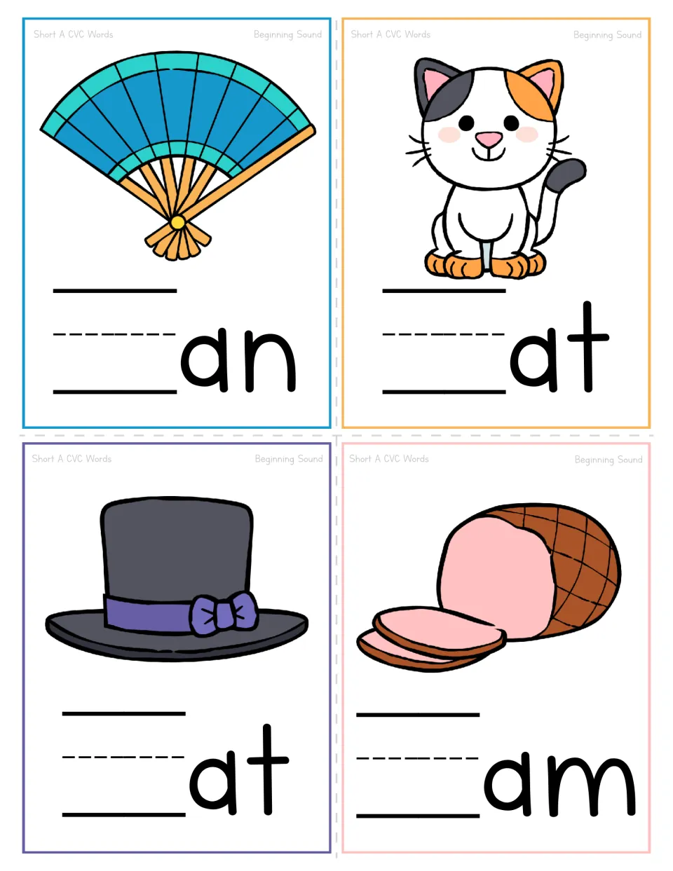 Short A beginning sound cards: students add the first letter to _an, _at, _at, _am for pictures of a fan, cat, hat and ham