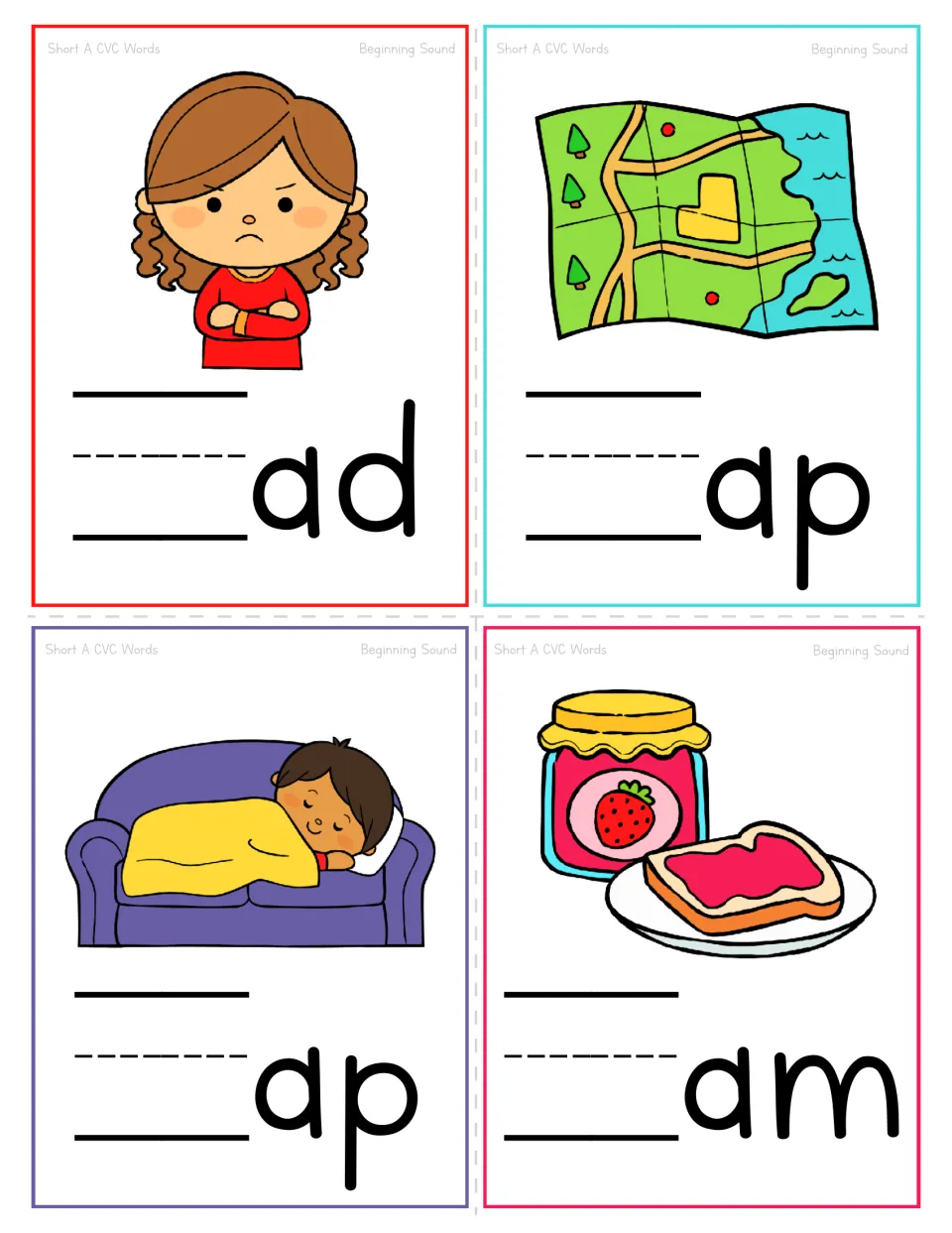 Short A beginning sound cards: upset girl, map, napping child and jam; students write the first letter of _ad, _ap, _am