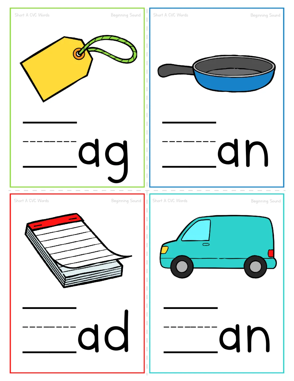 Short A beginning sound cards for a tag, pan, notepad and van; students write the first letter of _ag, _an, _ad, _an