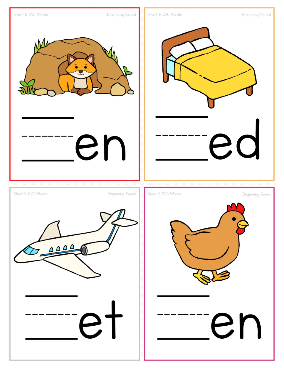 Short E beginning sound cards: students write the first letter for a den, bed, jet and hen to finish _en, _ed, _et, _en
