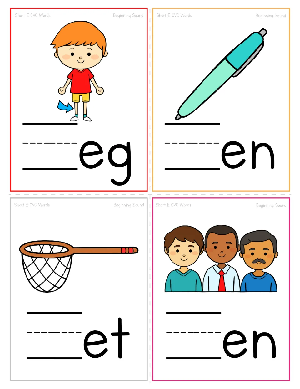 Short E beginning sound cards showing a leg, pen, net and men; students fill in the first letter of _eg, _en, _et, _en