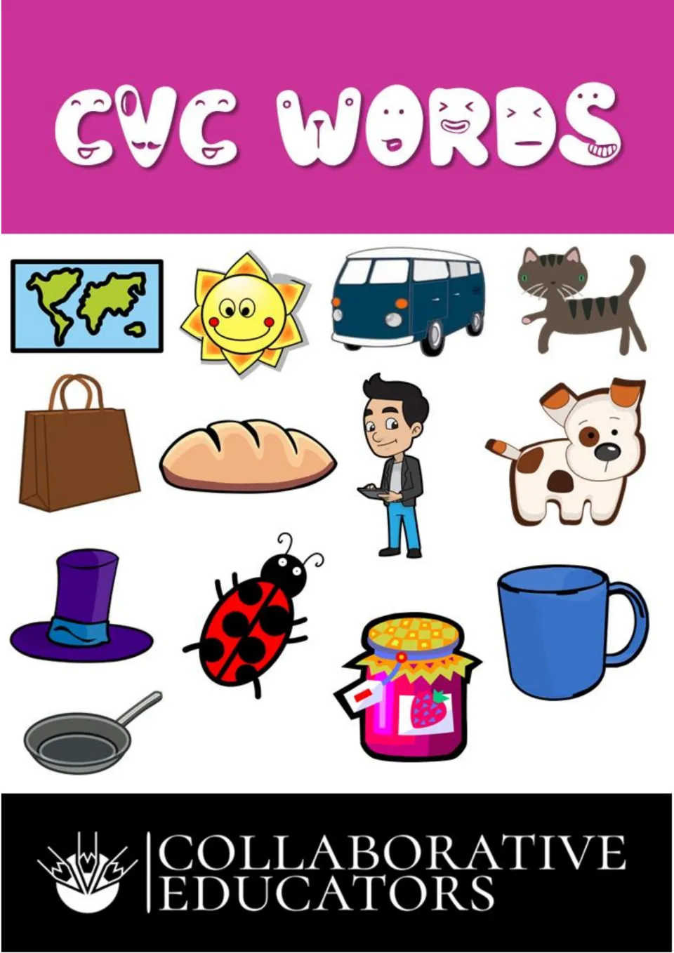 CVC Words cover from Collaborative Educators showing a map, sun, van, cat, bag, bun, dog, hat, bug, jam and mug