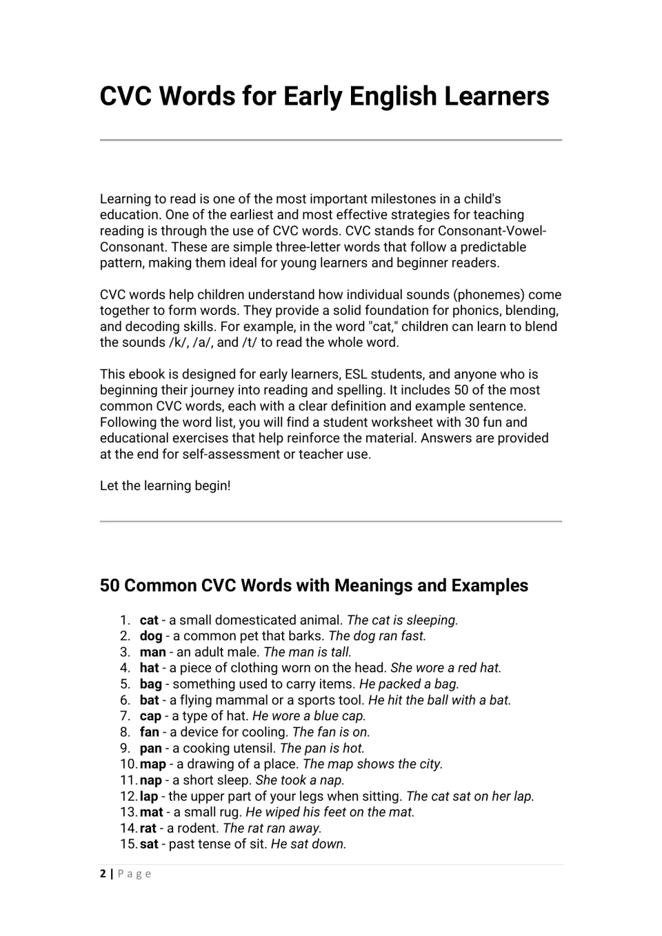 Intro to consonant-vowel-consonant words and sound blending, then words 1-15, cat to sat, with meanings and examples