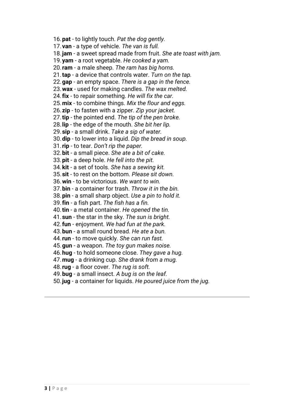 Three-letter word list, items 16-50 from pat to jug, each with a short definition and an example sentence