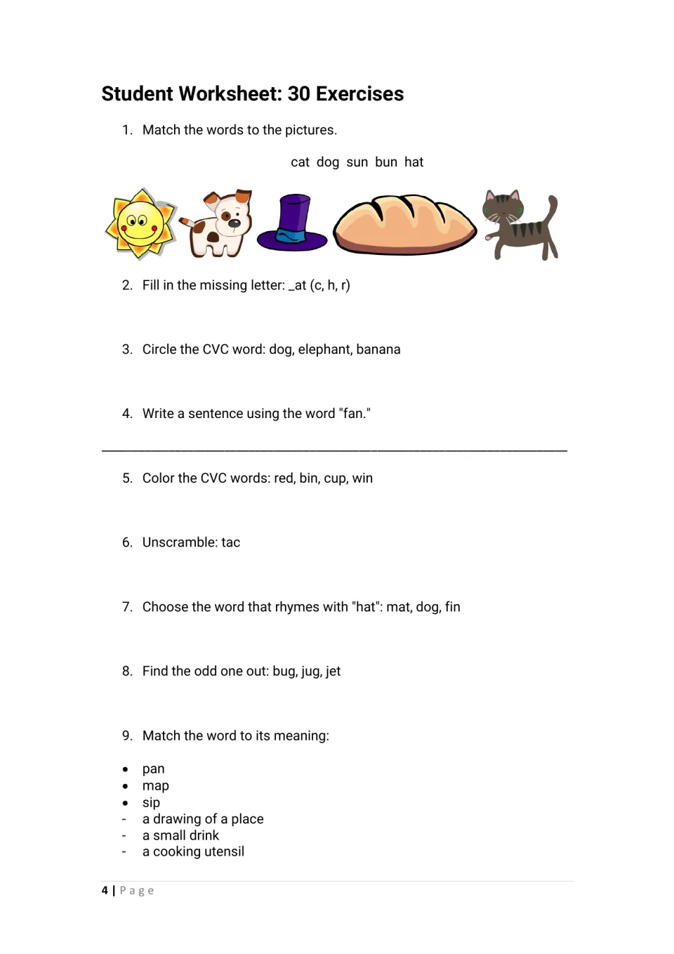 Short-vowel word practice, exercises 1-9: match words to pictures, fill a missing letter, unscramble tac, find rhymes