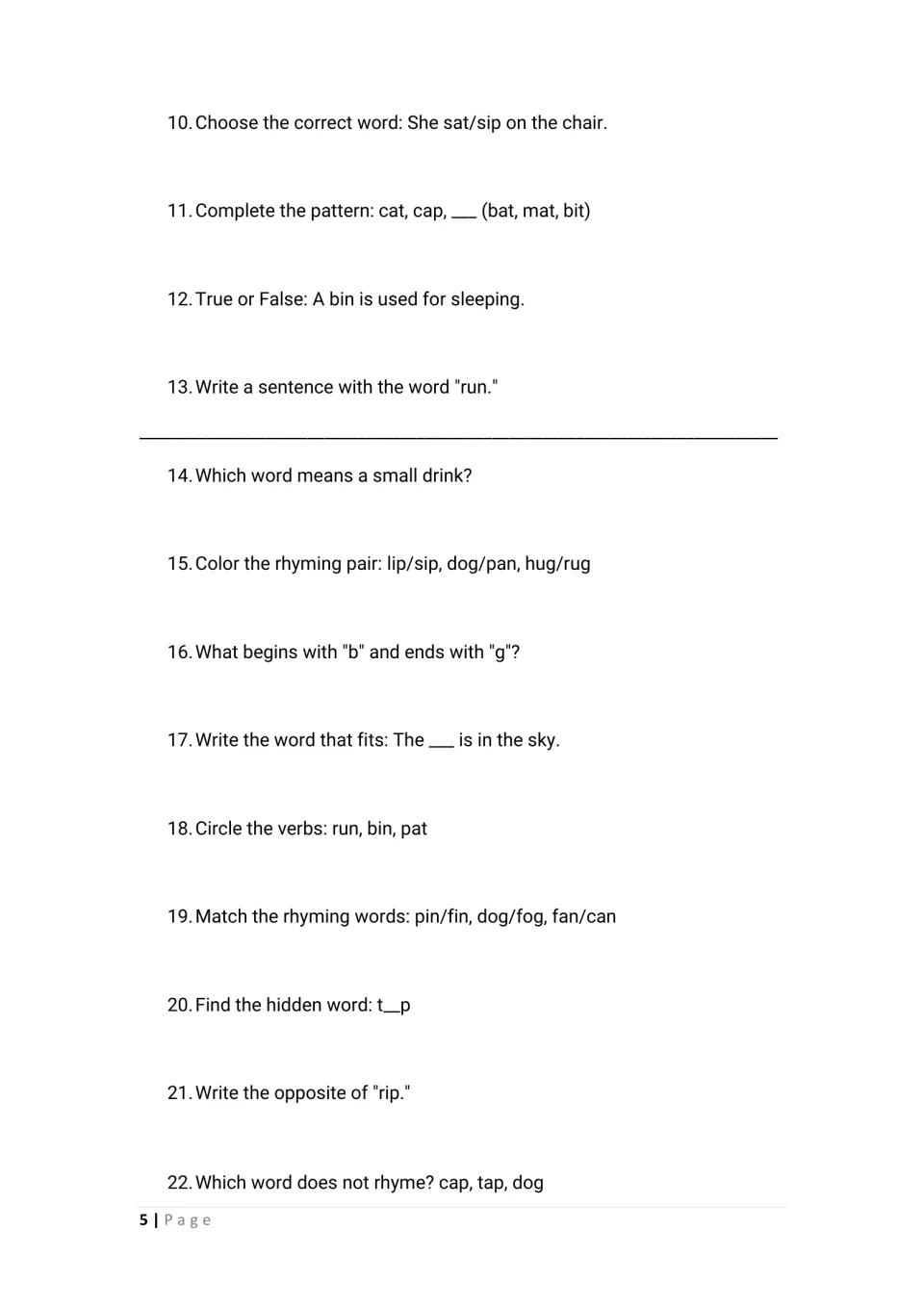 Exercises 10-22 on short-vowel words: choose sat or sip, patterns, true or false, rhyming pairs, verbs and opposites