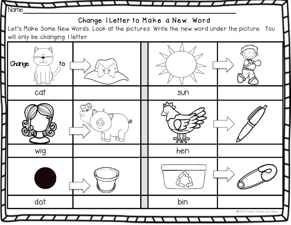 Beginning sound change: students swap the first letter of cat, sun, wig, hen, dot and bin and write each pictured new word