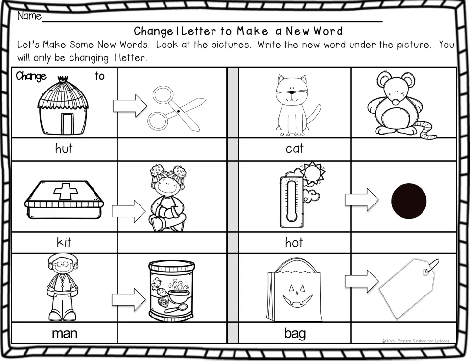 First-letter swaps with pictures: students change hut, cat, kit, hot, man and bag into new CVC words shown by arrows
