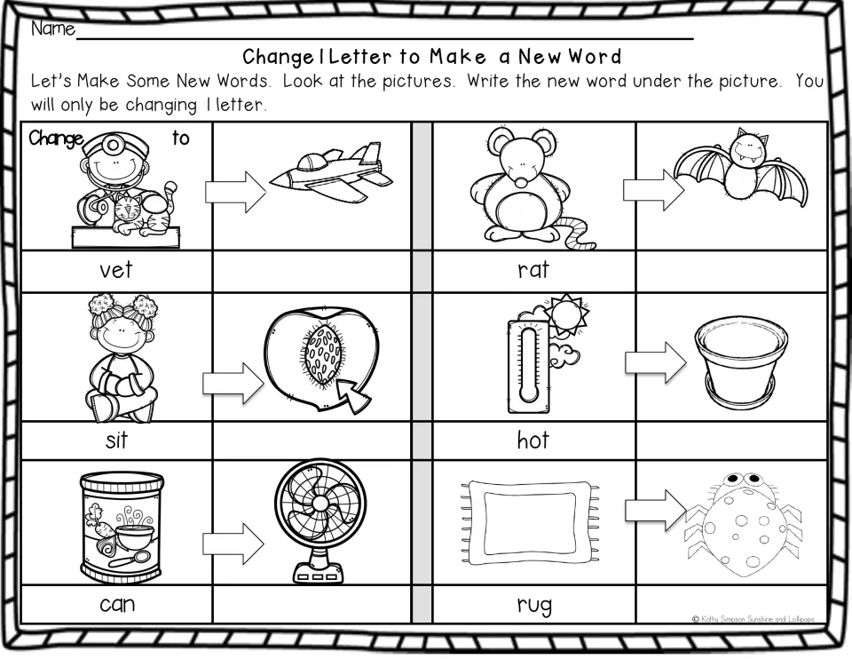 Initial sound substitution: students write new words for pictured vet, rat, sit, hot, can and rug by changing one letter
