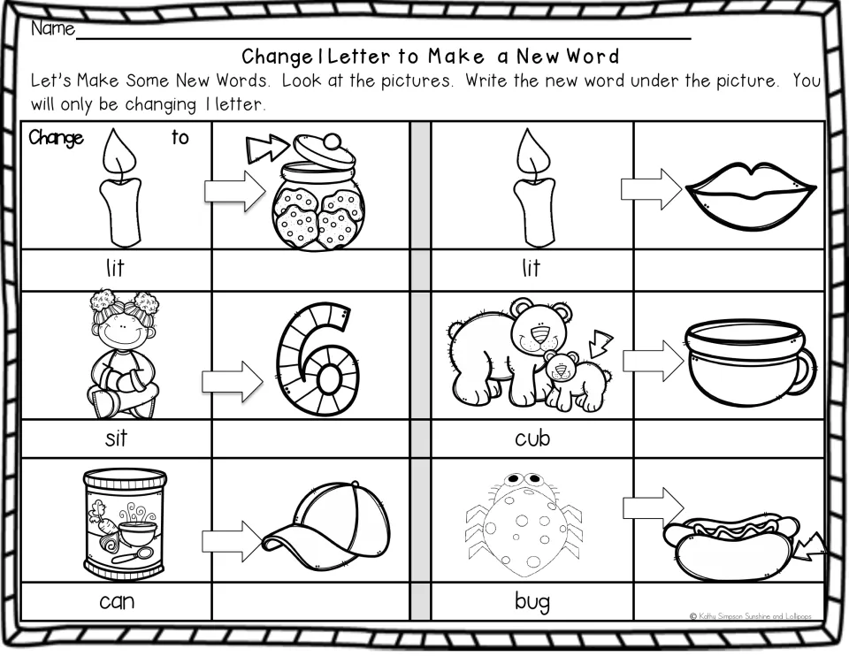 Ending sound change: students alter the last letter of lit, sit, cub, can and bug to name pictures such as lip and six