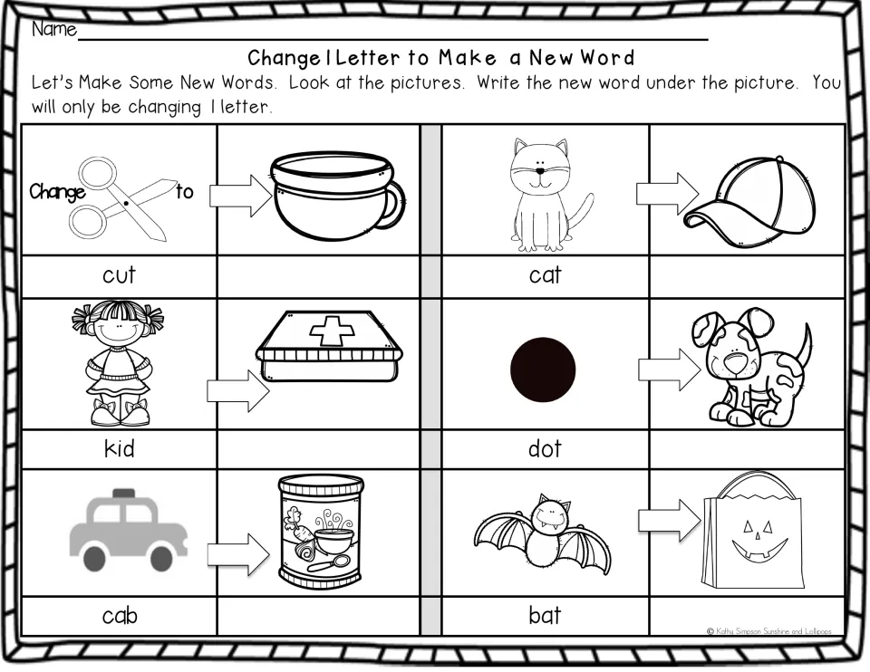 Final letter swap: students turn cut, cat, kid, dot, cab and bat into pictured words like cup, cap and dog, writing each