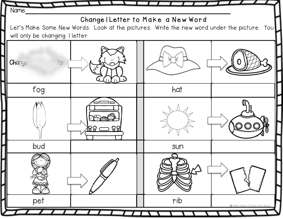 Ending consonant practice: students change fog, hat, bud, sun, pet and rib into pictured words such as fox and bus