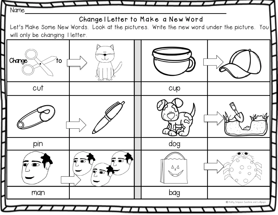 Medial vowel change: students swap the middle vowel in cut, cup, pin, dog, man and bag to write words like cat and pen