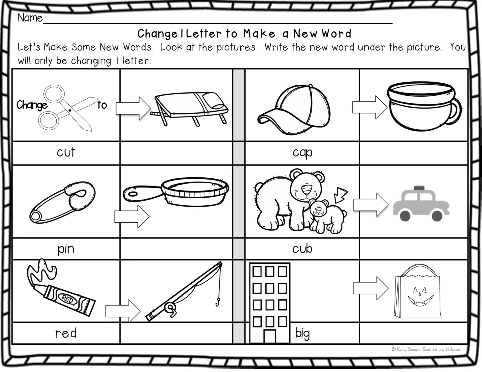 Middle vowel substitution: students change cut, cap, pin, cub, red and big into pictured words like cot, pan and rod