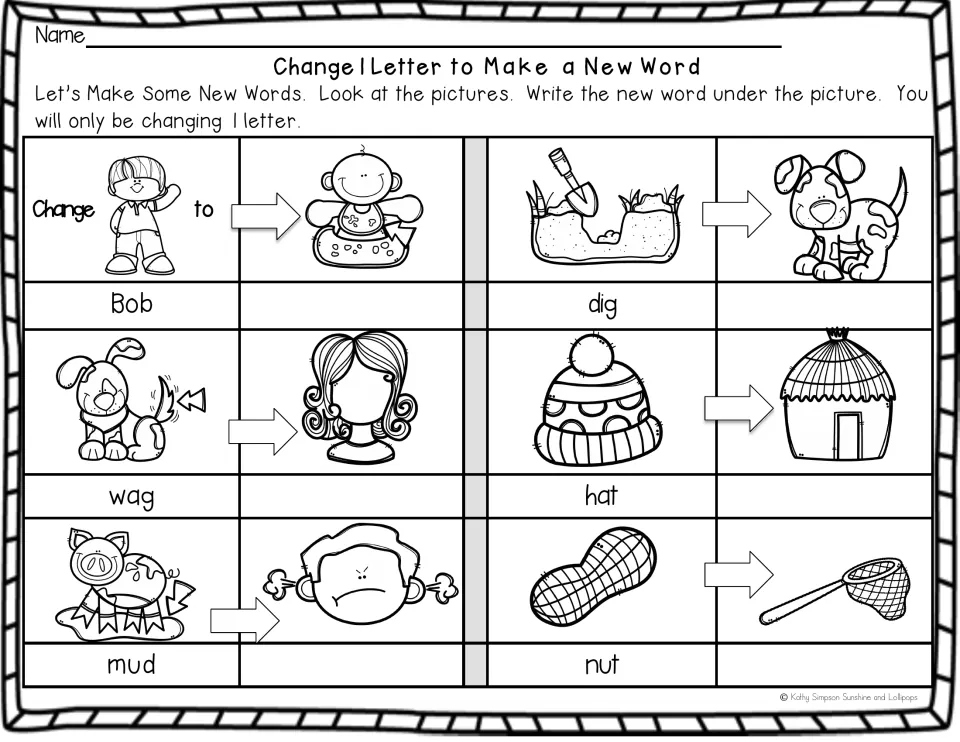 Short vowel swaps: students change Bob, dig, wag, hat, mud and nut into new pictured words such as bib, dog and net