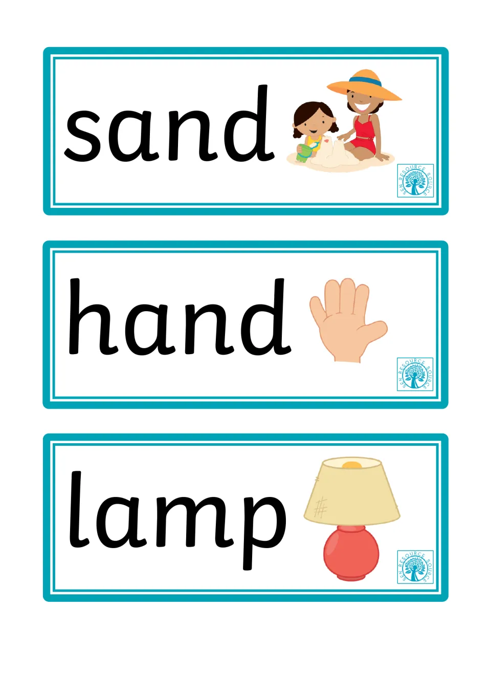 Word cards for sand, hand and lamp, each printed in large letters beside a matching picture for reading final blends