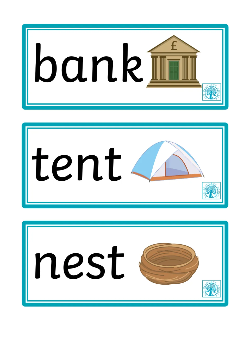 Bank, tent and nest cards: students read each short-vowel word with an ending blend and check it against the picture