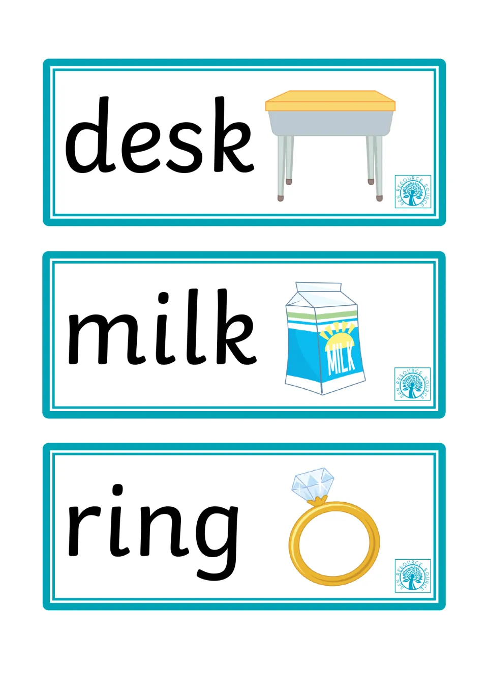 Desk, milk and ring cards pairing each printed word with a picture of a school desk, milk carton and diamond ring