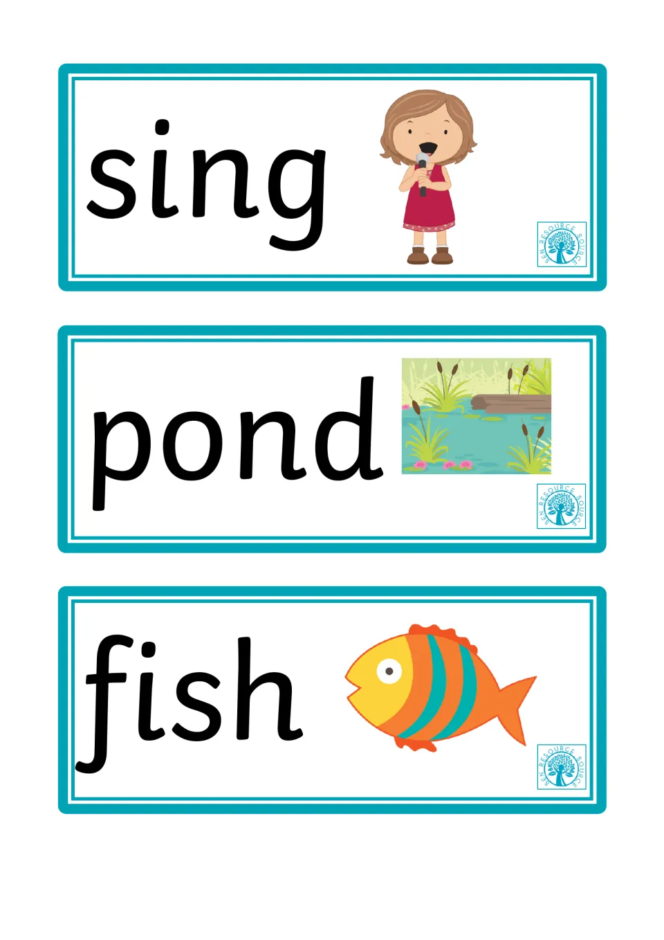 Sing, pond and fish cards: students decode each word and use the singing girl, pond scene and fish pictures to self-check