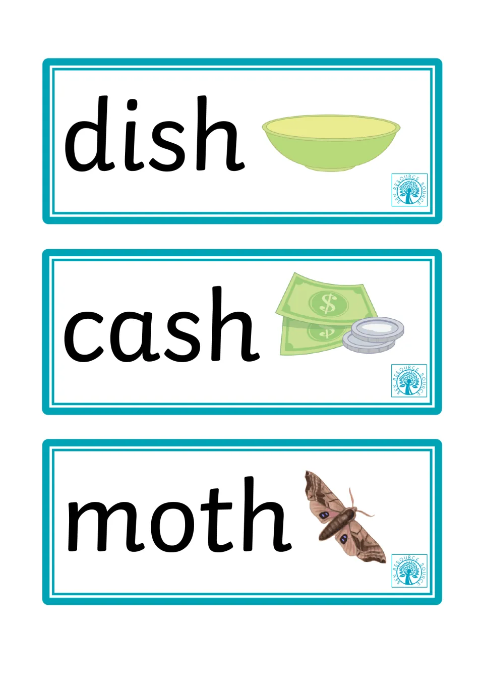 Dish, cash and moth cards featuring words ending in sh and th, each shown with a bowl, money or moth picture
