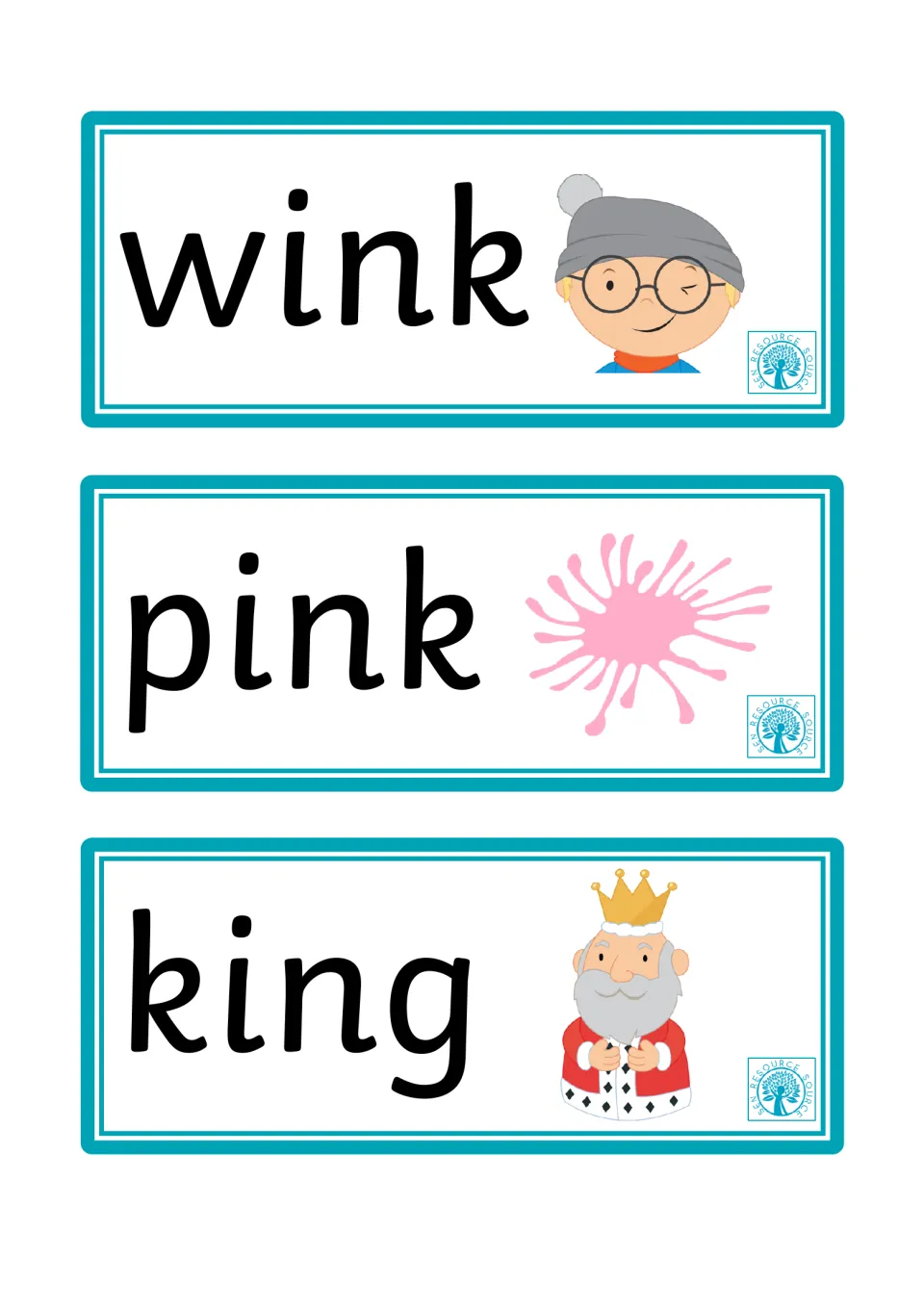 Wink, pink and king cards practising -ink and -ing word endings, pictured with a winking boy, pink splat and king