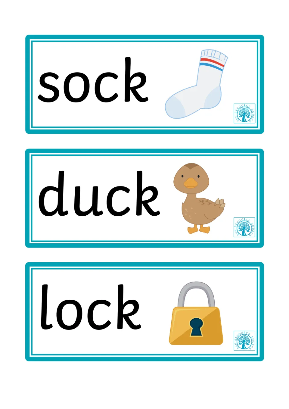 Sock, duck and lock cards for reading words ending in ck, each beside a picture of a sock, duck or padlock