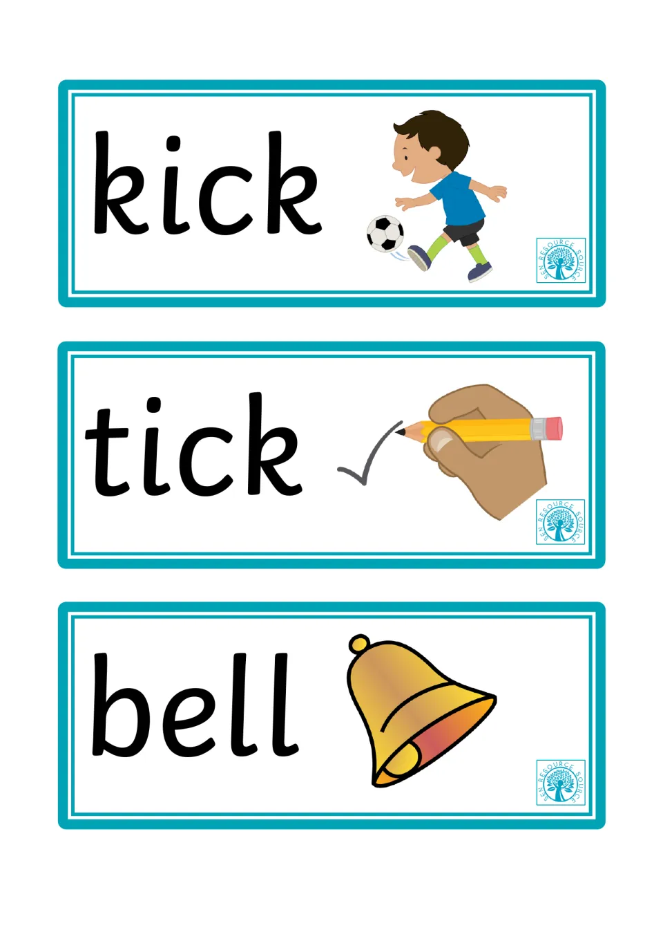 Kick, tick and bell cards: students read ck and double-l endings, shown with a boy kicking a ball, a tick mark and a bell