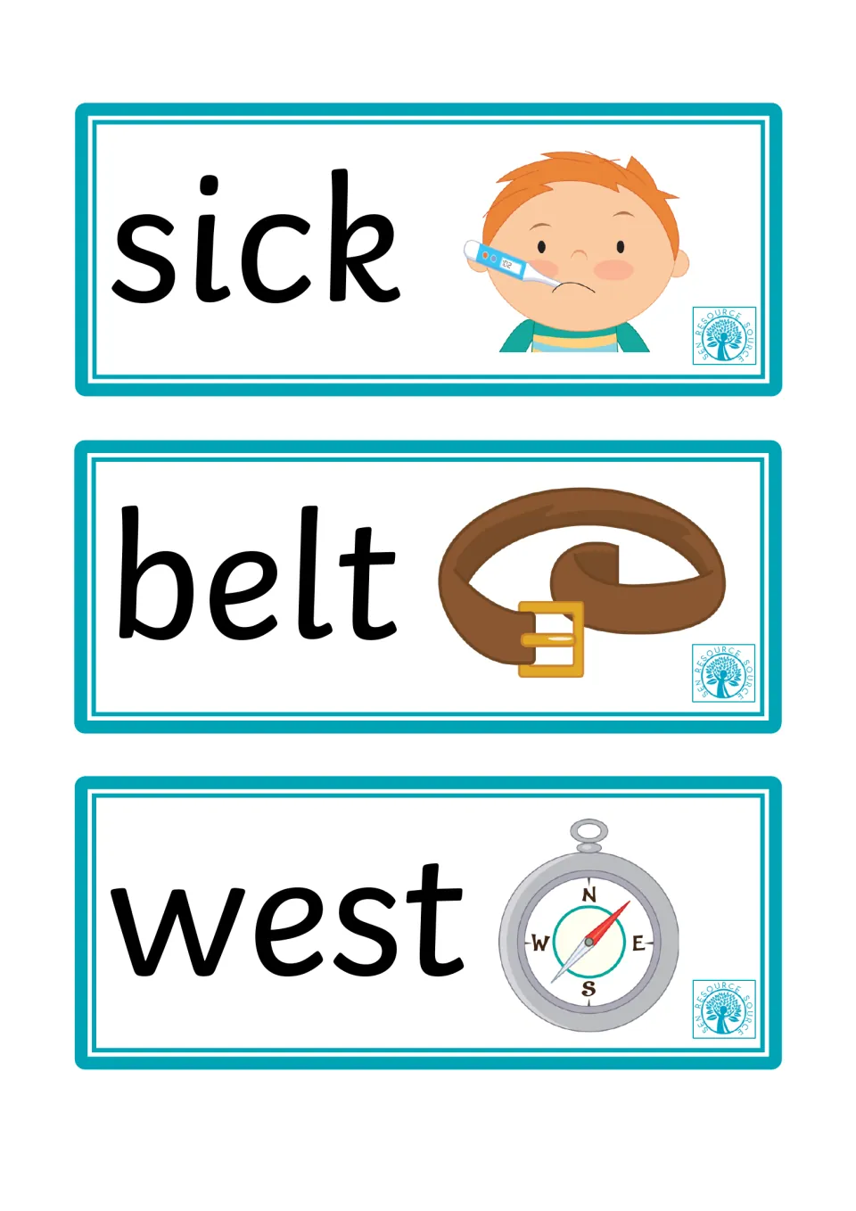 Sick, belt and west cards pairing each word with a boy holding a thermometer, a brown belt and a compass