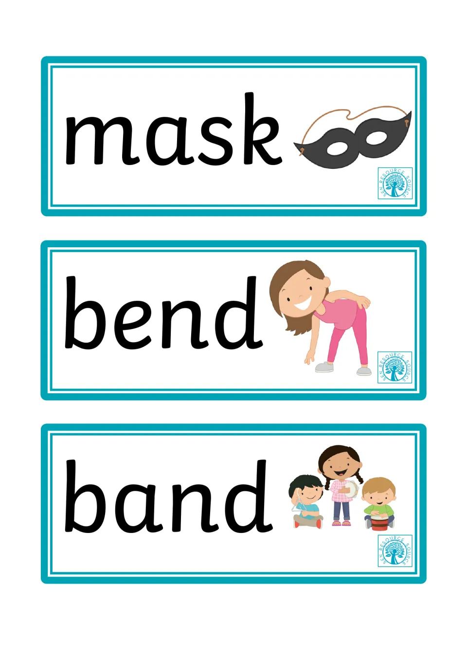 Mask, bend and band cards with final blends sk and nd, pictured as a black eye mask, a girl bending and children in a band