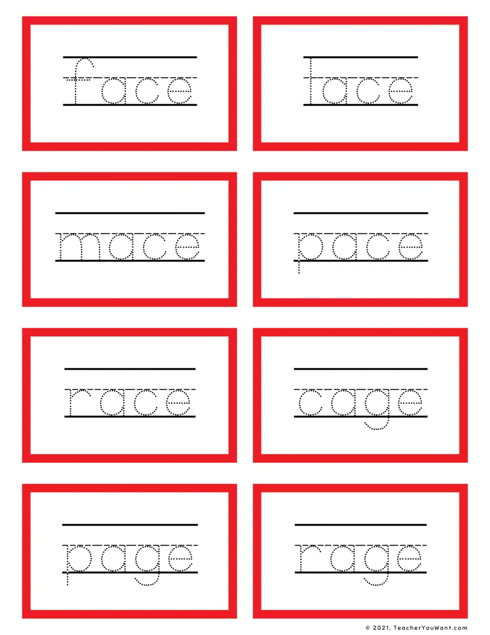 Long a CVCe tracing flashcards: students trace face, lace, mace, pace, race, cage, page and rage in dotted letters