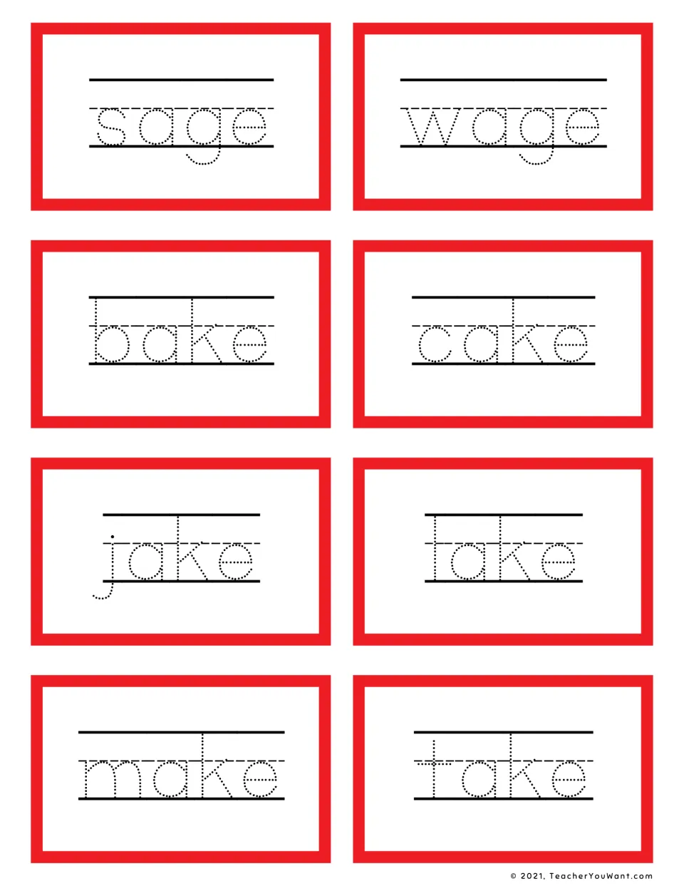 Long a -age and -ake words: students trace dotted sage, wage, bake, cake, jake, lake, make and take on 8 cards