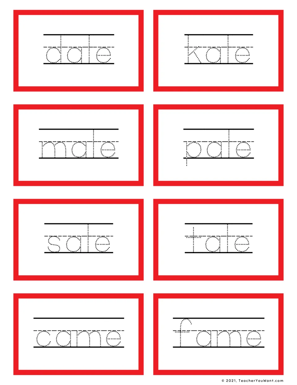 Long a -ale and -ame words: students trace dotted dale, kale, male, pale, sale, tale, came and fame on 8 cards