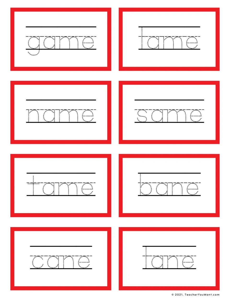 Long a -ame and -ane tracing: game, lame, name, same, tame, bane, cane and lane in dotted letters for students to trace