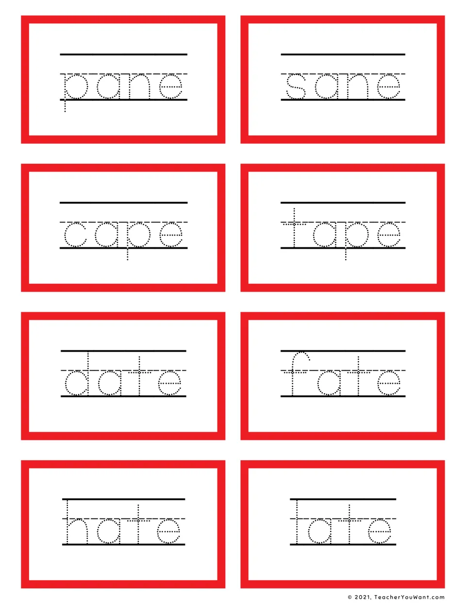 Long a -ane, -ape and -ate cards: students trace pane, sane, cape, tape, date, fate, hate and late in dotted print